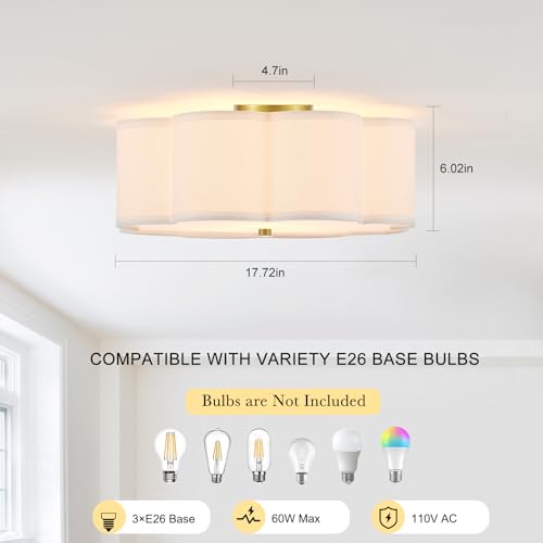 Modern Drum Semi Flush Mount Ceiling Light 17.71" Modern 3-Lights Gold Drum Ceiling Lighting Fixture Vintage Linen Ceiling Lamp for Laundry Room, Kitchen, Basement, Bedroom