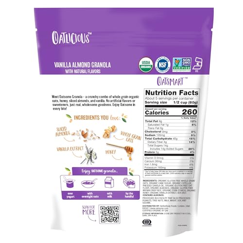 Oatsome Vanilla Almond Granola, Gluten Free, Non-GMO, 5g Protein, Made with Whole Grain Organic Oats, Honey, Almonds, & Vanilla, for Protein Snacks Cereals Breakfast Yogurt, 10 Oz Bag
