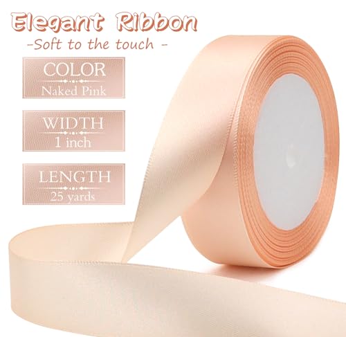 Naked Pink Solid Satin Ribbon 1 Inch 25 Yards Solid Polyester Fabric Ribbon for Gift Wrapping Wedding Christmas Baby Shower Birthday Party Decoration Handmade Immortal Flower Craft