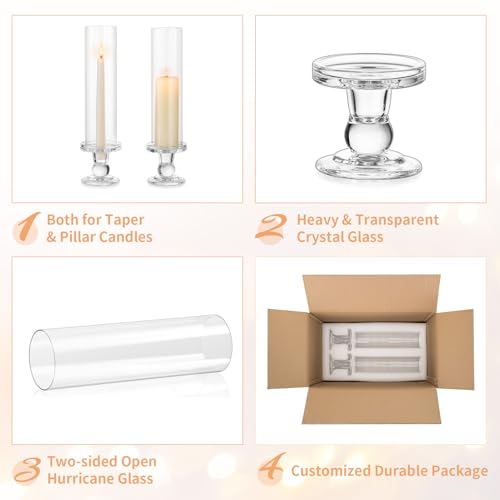 NUPTIO Hurricane Candle Holder for Centerpiece: Set of 6 Glass Candlestick Taper Holders with Open Ended Cover - Tapered Candle Stick Stand for Thanksgiving Christmas Fireplace Dining Table Decor