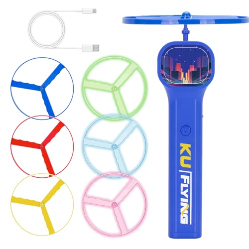 Rechargeable Disc Launcher with 6 Flying Spinners for Outdoor Activities Game White Elephant Gift Fidget Toys (Blue)