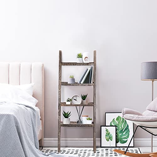 KIAYACI 4-Tier Blanket Ladder Shelves Farmhouse Decorative Ladder Wood Shelves Quilt Rack Wood Ladder Blanket Ladder for The Living Room Boho Shelf Decor(Vintage Walnut, 48" x 22")