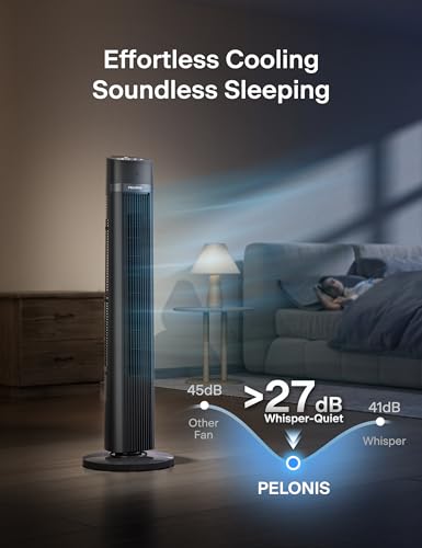 PELONIS 40 inch Bladeless Tower Fan for Bedroom, Standing Fan with Remote Control, 26ft/s, 90° Oscillation, 3 Speed Settings, 27 Db, 3 Modes, 15-Hour Timer, LED Display, Fan that Blows Cold Air, Grey