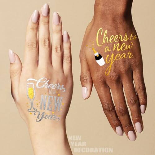 2026 New Years Eve Party Supplies - 40 Designs Glitter Temporary Tattoos, Black/Gold Metallic Tattoos | NYE 2026 Decorations & Photo Booth Props | Happy New Year Party Favors Accessories