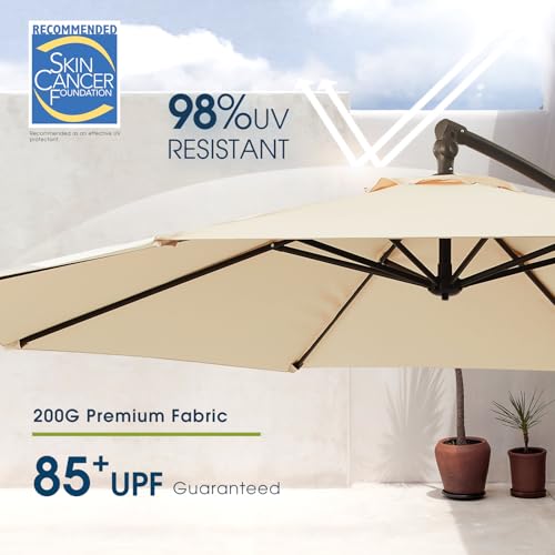 wikiwiki 10ft Patio Umbrellas Offset Outdoor Cantilever Hanging Umbrella w/Infinite Tilt, Fade Resistant Waterproof Recycled Fabric Canopy for Yard, Garden & Deck, Beige