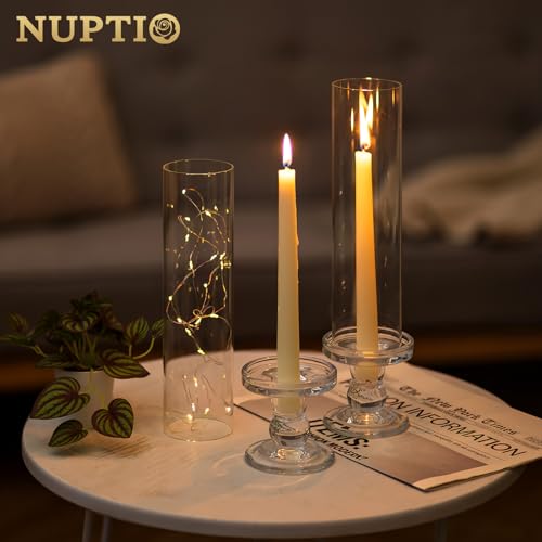 NUPTIO Hurricane Candle Holder for Centerpiece: Set of 6 Glass Candlestick Taper Holders with Open Ended Cover - Tapered Candle Stick Stand for Thanksgiving Christmas Fireplace Dining Table Decor