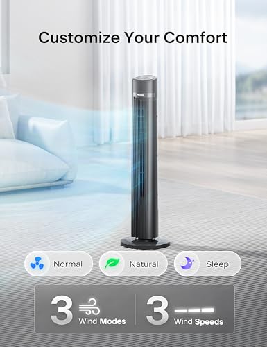 PELONIS 40 inch Bladeless Tower Fan for Bedroom, Standing Fan with Remote Control, 26ft/s, 90° Oscillation, 3 Speed Settings, 27 Db, 3 Modes, 15-Hour Timer, LED Display, Fan that Blows Cold Air, Grey
