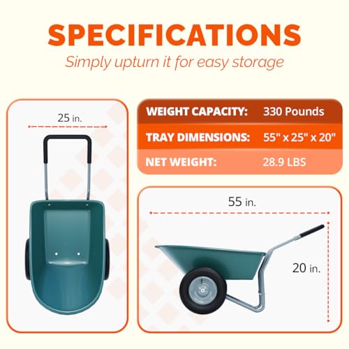 Upgrade 2 Wheel Wheelbarrow, Yard Cart with Padded Handlebar, 14 Inch Pneumatic Tires for High Stability, Ideal for Moving Soil, Plant Shrub, Gardening Tool, Easy Assembly