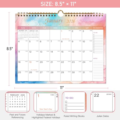 Lbylyhxc 2026 Calendar - Includes January 2026 to June 2027-18 Monthly Wall Calendar 2026, 11 x 8.5 Inches.Thick Paper with Julian Dates and Block for New Year and Christmas Presents (Wall Calendar 2026-2027 Colorful)