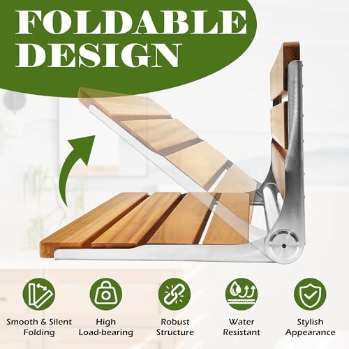 Folding Shower Seat Teak, Folding Shower Seat Wall Mounted, Foldable Shower Chair for Home Care, 450 lbs Capacity (Stainless Steel, 13'' D x 17'' W x 10'' H)