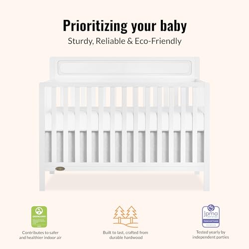 Dream On Me Avery 5-in-1 Convertible Full-Size Baby Crib in White, GreenGuard Gold & JPMA, 3 Mattress Heights, Converts to Toddler, Day & Full-Size Bed, Create a Safe and Baby-Friendly Nursery