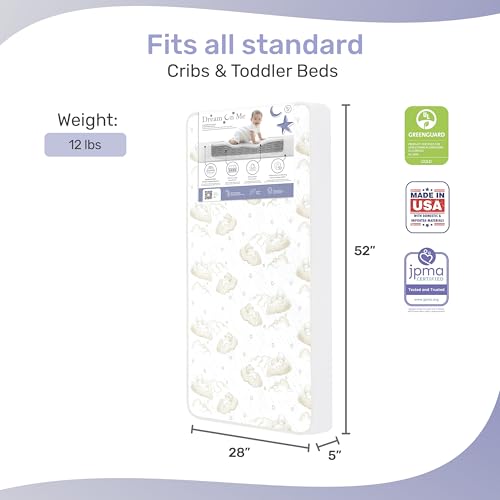 Dream On Me Twilight 5” 2-in-1 Breathable Spring Coil Crib & Toddler Mattress – Firm Infant Side & Plush Toddler Side, Reversible Design, Waterproof Vinyl Cover, GREENGUARD Gold & JPMA Certified