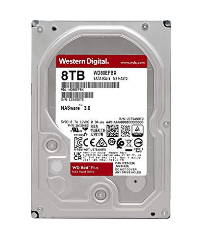 Western Digital 8TB WD Red Plus NAS Internal Hard Drive HDD - 7200 RPM, SATA 6 Gb/s, CMR, 256 MB Cache, 3.5" - WD80EFBX