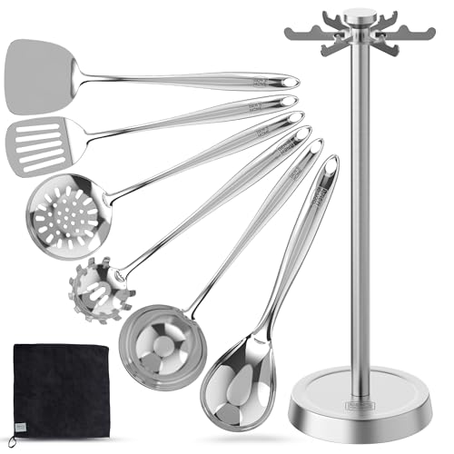 BEN'SHOME 6-Piece Stainless Steel Kitchen Utensil Set with Rotating Holder Stand - Metal Cooking Utensils Set Includes Spatula, Ladle, Serving Spoons, Spaghetti Server - Dishwasher Safe (Polished)