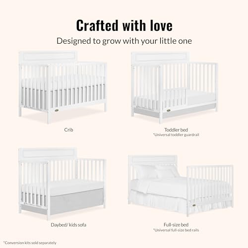 Dream On Me Avery 5-in-1 Convertible Full-Size Baby Crib in White, GreenGuard Gold & JPMA, 3 Mattress Heights, Converts to Toddler, Day & Full-Size Bed, Create a Safe and Baby-Friendly Nursery