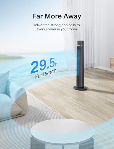 PELONIS 40 inch Bladeless Tower Fan for Bedroom, Standing Fan with Remote Control, 26ft/s, 90° Oscillation, 3 Speed Settings, 27 Db, 3 Modes, 15-Hour Timer, LED Display, Fan that Blows Cold Air, Grey