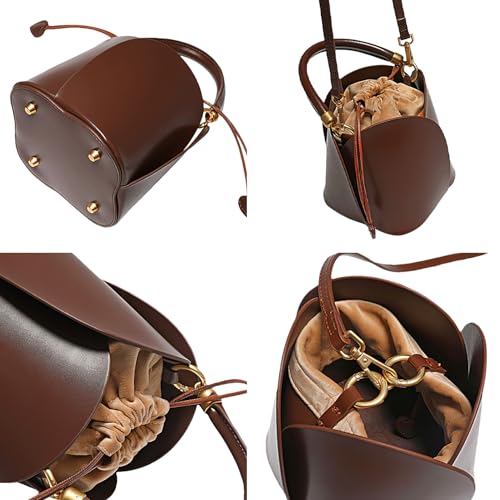 PU Leather Bucket Bag for Women Vintage Drawstring Tote Bag with Removable Shoulder Strap