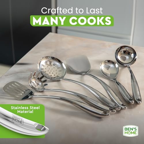 BEN'SHOME 6-Piece Stainless Steel Kitchen Utensil Set with Rotating Holder Stand - Metal Cooking Utensils Set Includes Spatula, Ladle, Serving Spoons, Spaghetti Server - Dishwasher Safe (Polished)