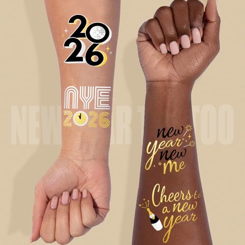 2026 New Years Eve Party Supplies - 40 Designs Glitter Temporary Tattoos, Black/Gold Metallic Tattoos | NYE 2026 Decorations & Photo Booth Props | Happy New Year Party Favors Accessories