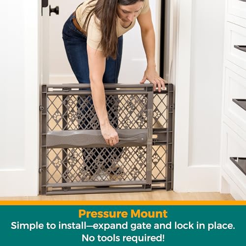 MYPET North States Paws Portable Pet Gate: 26-40" Wide. Pressure Mount. No Tools Needed. Made in USA, 23" Tall, Expandable, Durable Dog Gates for Doorways, Fieldstone Gray