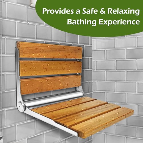 Folding Shower Seat Teak, Folding Shower Seat Wall Mounted, Foldable Shower Chair for Home Care, 450 lbs Capacity (Stainless Steel, 13'' D x 17'' W x 10'' H)