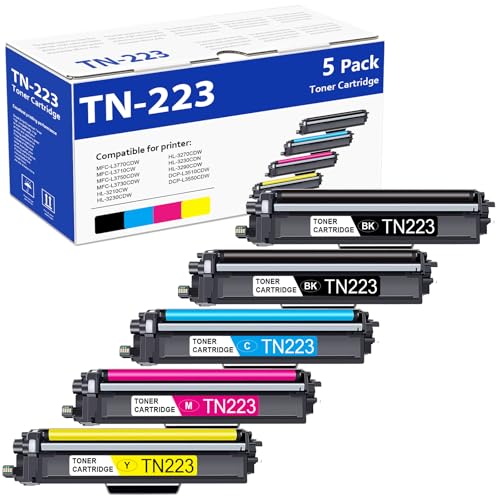 TN-223 TN223 Toner Cartridge (5 Pack) Replacement for Brother TN223 BK/C/M/Y Toner Cartridge for MFC-L3770CDW MFC-L3750CDW MFC-L3710CW HL-L3210CW Printer