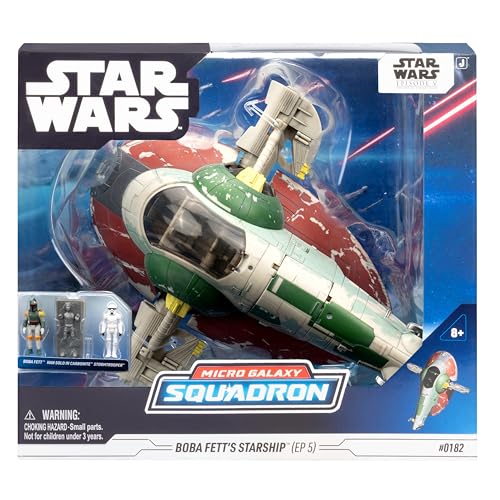 Star Wars Micro Galaxy Squadron Boba Fett's Starship (Ep 5) - 7-Inch Vehicle with Flight Display Stand and Three 1-Inch Micro Figure Accessories