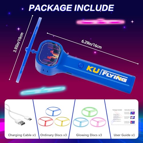 Rechargeable Disc Launcher with 6 Flying Spinners for Outdoor Activities Game White Elephant Gift Fidget Toys (Blue)