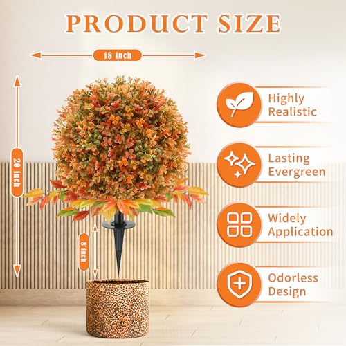 2 Pack Artificial Fall Flower Topiary Ball with Ground Spikes, UV Resistant Orange Boxwood Outdoor Faux Shrubs Plants for Fall Autumn Thanksgiving Halloween Decor, Garden Porch Yard Patio