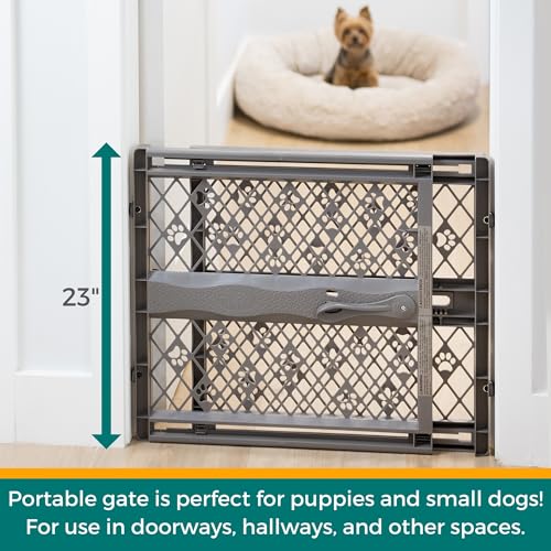 MYPET North States Paws Portable Pet Gate: 26-40" Wide. Pressure Mount. No Tools Needed. Made in USA, 23" Tall, Expandable, Durable Dog Gates for Doorways, Fieldstone Gray