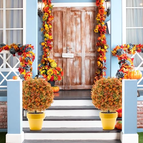 2 Pack Artificial Fall Flower Topiary Ball with Ground Spikes, UV Resistant Orange Boxwood Outdoor Faux Shrubs Plants for Fall Autumn Thanksgiving Halloween Decor, Garden Porch Yard Patio