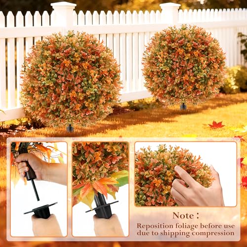 2 Pack Artificial Fall Flower Topiary Ball with Ground Spikes, UV Resistant Orange Boxwood Outdoor Faux Shrubs Plants for Fall Autumn Thanksgiving Halloween Decor, Garden Porch Yard Patio