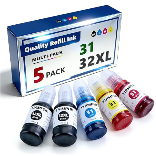 5 Pack 31 32XL Ink Bottle Refill Kit Compatible for HP Smart Tank 5101 7301 7602 7001 6001 Plus 551 651 455 457 450 All-in-One Ink-Tank Printers 2 Black/Cyan/Magenta/Yellow Ink