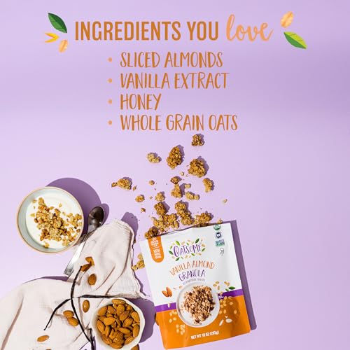 Oatsome Vanilla Almond Granola, Gluten Free, Non-GMO, 5g Protein, Made with Whole Grain Organic Oats, Honey, Almonds, & Vanilla, for Protein Snacks Cereals Breakfast Yogurt, 10 Oz Bag