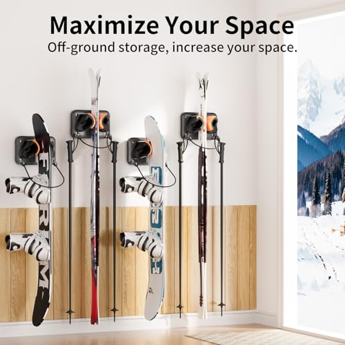 Ski Rack 6Pack, Ski/Snowboard Wall Mount, Skateboard Wall Mount, Fits Any Ski/Snowboard, Holds Up to 150lbs, Winter Gear Organizer, Vertical Ski Storage Rack for Home & Garage