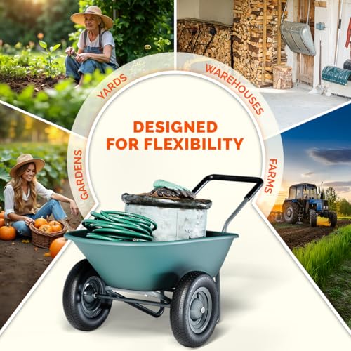 Upgrade 2 Wheel Wheelbarrow, Yard Cart with Padded Handlebar, 14 Inch Pneumatic Tires for High Stability, Ideal for Moving Soil, Plant Shrub, Gardening Tool, Easy Assembly