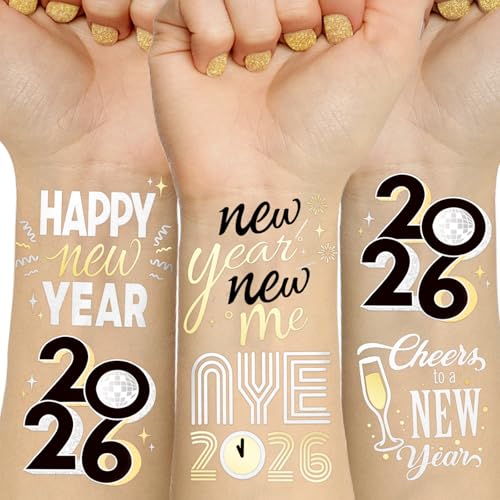 2026 New Years Eve Party Supplies - 40 Designs Glitter Temporary Tattoos, Black/Gold Metallic Tattoos | NYE 2026 Decorations & Photo Booth Props | Happy New Year Party Favors Accessories