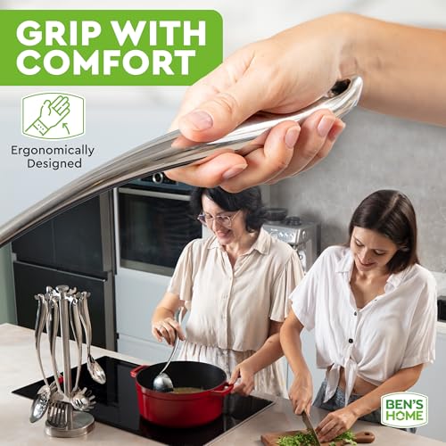 BEN'SHOME 6-Piece Stainless Steel Kitchen Utensil Set with Rotating Holder Stand - Metal Cooking Utensils Set Includes Spatula, Ladle, Serving Spoons, Spaghetti Server - Dishwasher Safe (Polished)