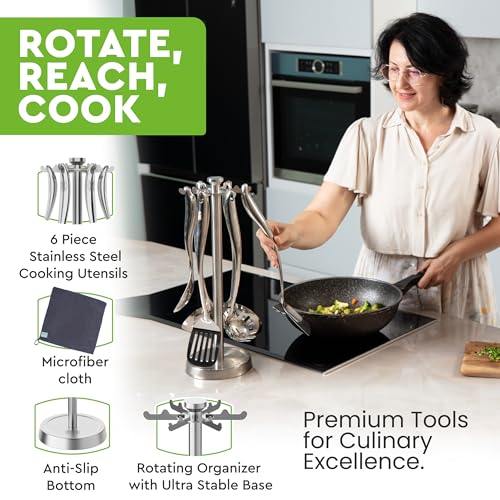 BEN'SHOME 6-Piece Stainless Steel Kitchen Utensil Set with Rotating Holder Stand - Metal Cooking Utensils Set Includes Spatula, Ladle, Serving Spoons, Spaghetti Server - Dishwasher Safe (Polished)