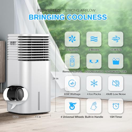 24" Windowless Portable Air Conditioner, 15H Timer & 120°Oscillation, 3-IN-1 Portable AC Unit with Remote, 2-Gal Tank, 3 Modes & 3 Speeds, Ultra-Quiet Ventless Swamp Cooler for Home Office, Off
