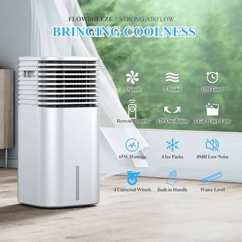 Windowless Portable Air Conditioner, 15H Timer & 120°Oscillation, 3-IN-1 Portable AC Unit with Remote, 2-Gal Tank, 3 Modes & 3 Speeds, Ultra-Quiet 24" Ductless Swamp Cooler for Room Home Office, White