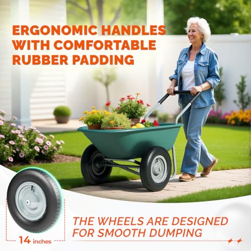 Upgrade 2 Wheel Wheelbarrow, Yard Cart with Padded Handlebar, 14 Inch Pneumatic Tires for High Stability, Ideal for Moving Soil, Plant Shrub, Gardening Tool, Easy Assembly