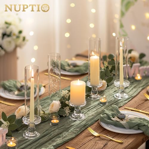 NUPTIO Hurricane Candle Holder for Centerpiece: Set of 6 Glass Candlestick Taper Holders with Open Ended Cover - Tapered Candle Stick Stand for Thanksgiving Christmas Fireplace Dining Table Decor