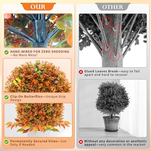 2 Pack Artificial Fall Flower Topiary Ball with Ground Spikes, UV Resistant Orange Boxwood Outdoor Faux Shrubs Plants for Fall Autumn Thanksgiving Halloween Decor, Garden Porch Yard Patio