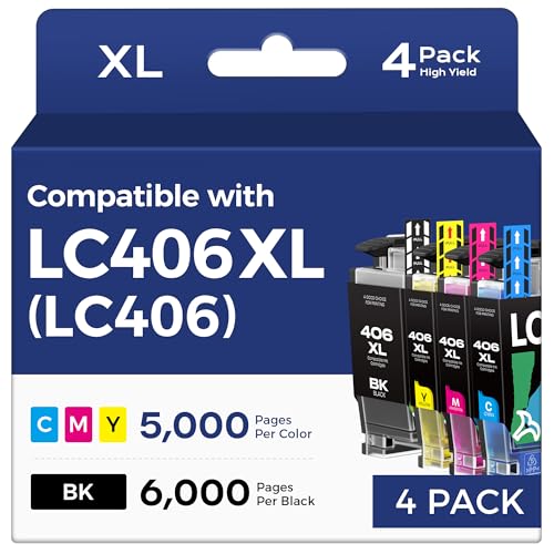 LC406XL LC406 Ink Cartridges for Brother Printer Compatible Replacement for LC406 XL LC406XL for Brother MFC-J4335DW MFC-J6555DW MFC-J5855DW MFC-J4535DW MFC-J6955DW MFC-J5955DW (4 Pack, BK/M/C/Y)