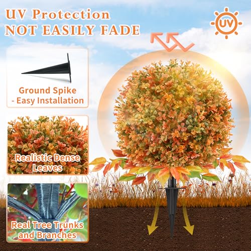 2 Pack Artificial Fall Flower Topiary Ball with Ground Spikes, UV Resistant Orange Boxwood Outdoor Faux Shrubs Plants for Fall Autumn Thanksgiving Halloween Decor, Garden Porch Yard Patio