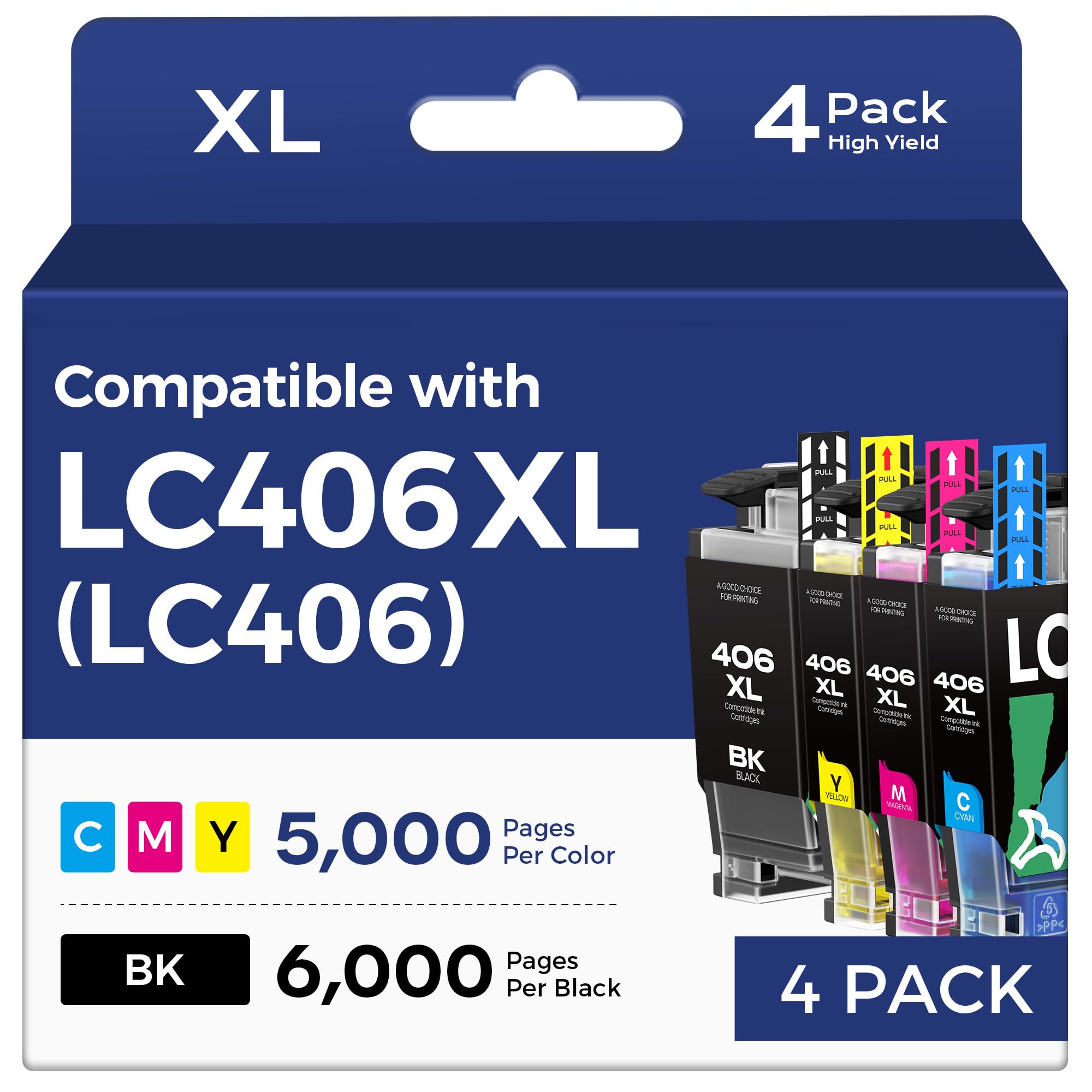LC406XL LC406 Ink Cartridges for Brother Printer Compatible Replacement for LC406 XL LC406XL for Brother MFC-J4335DW MFC-J6555DW MFC-J5855DW MFC-J4535DW MFC-J6955DW MFC-J5955DW (4 Pack, BK/M/C/Y)