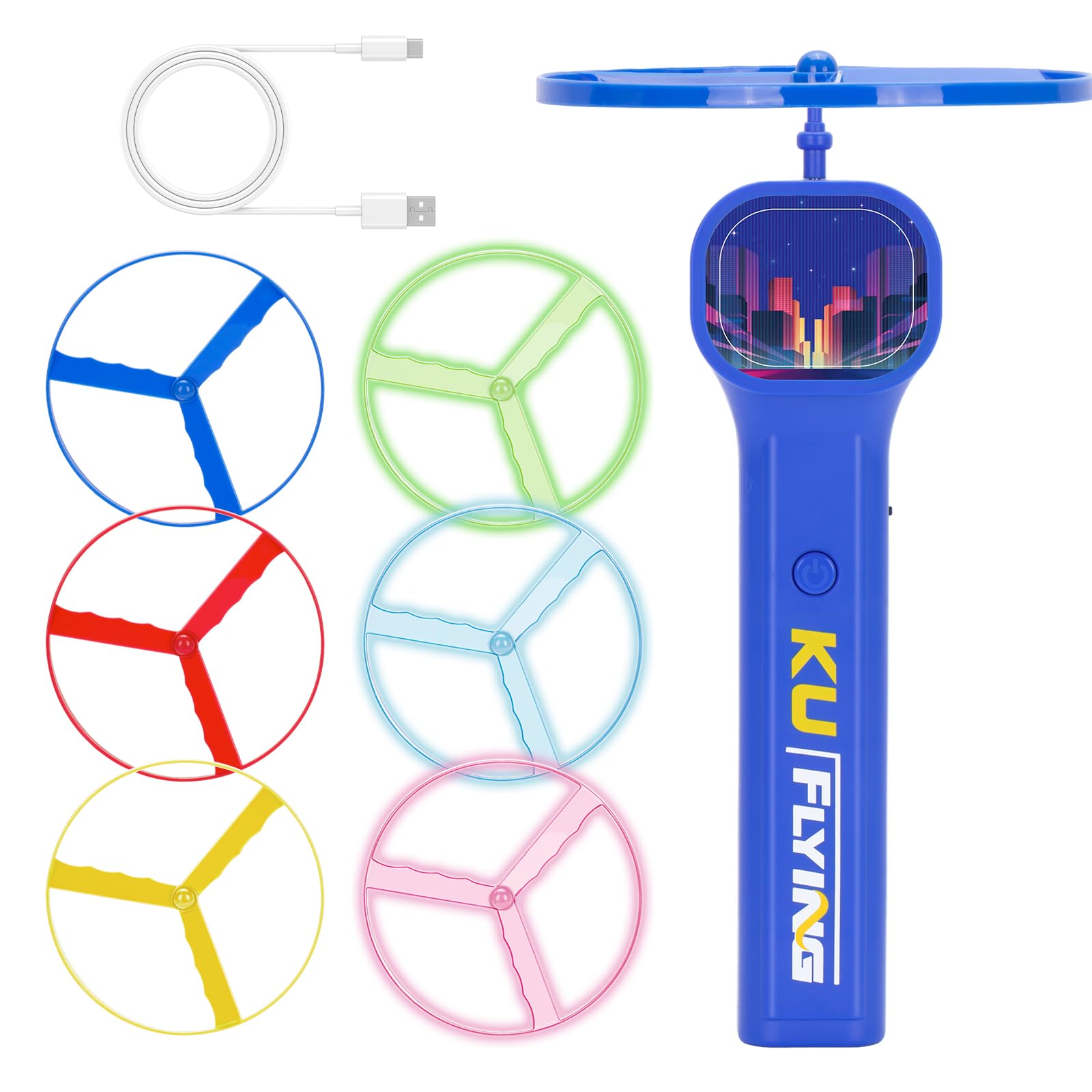 Rechargeable Disc Launcher with 6 Flying Spinners for Outdoor Activities Game White Elephant Gift Fidget Toys (Blue)