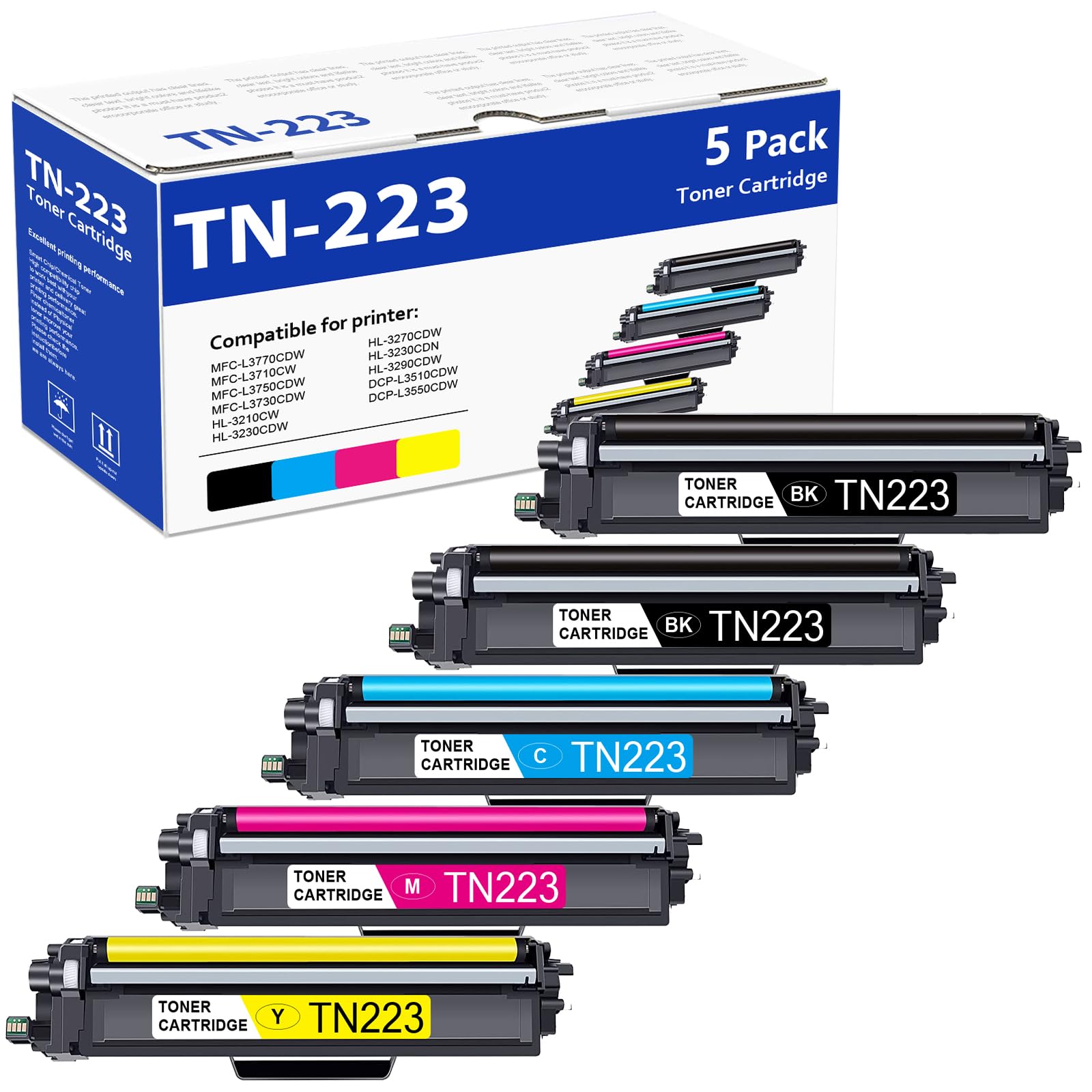 TN-223 TN223 Toner Cartridge (5 Pack) Replacement for Brother TN223 BK/C/M/Y Toner Cartridge for MFC-L3770CDW MFC-L3750CDW MFC-L3710CW HL-L3210CW Printer