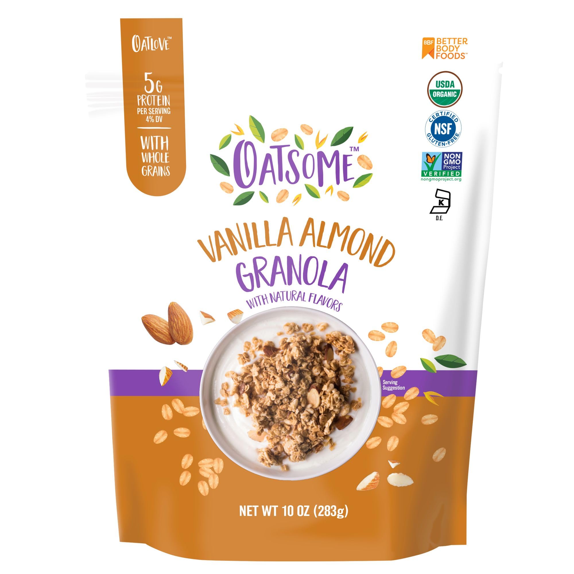 Oatsome Vanilla Almond Granola, Gluten Free, Non-GMO, 5g Protein, Made with Whole Grain Organic Oats, Honey, Almonds, & Vanilla, for Protein Snacks Cereals Breakfast Yogurt, 10 Oz Bag